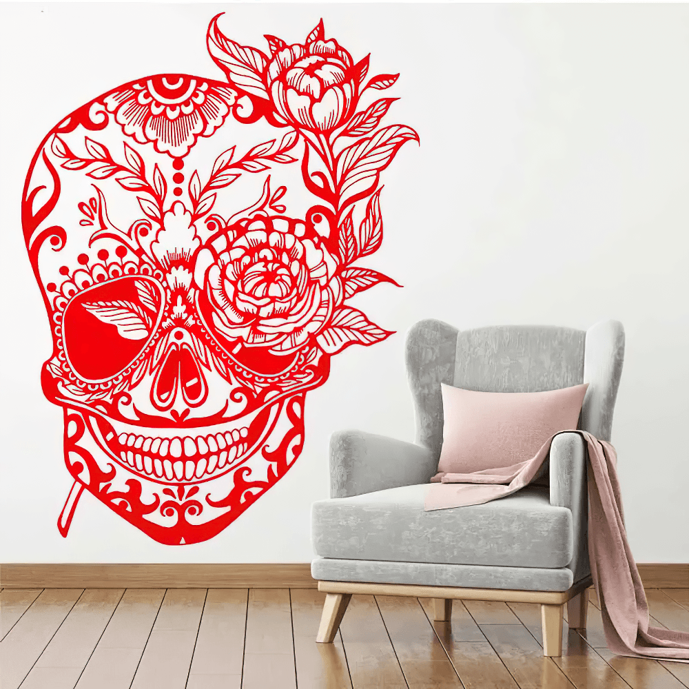 Bold Floral Sugar Skull Day of the Dead Wall Decal in red, featuring rose details on a white wall.