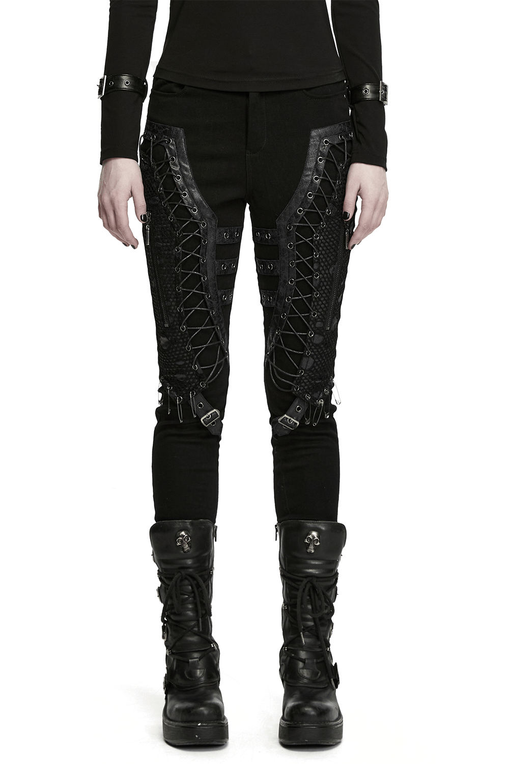 Bold Gothic Lace-Up Skinny Jeans with Buckle Details on a model, featuring lace and buckle accents.