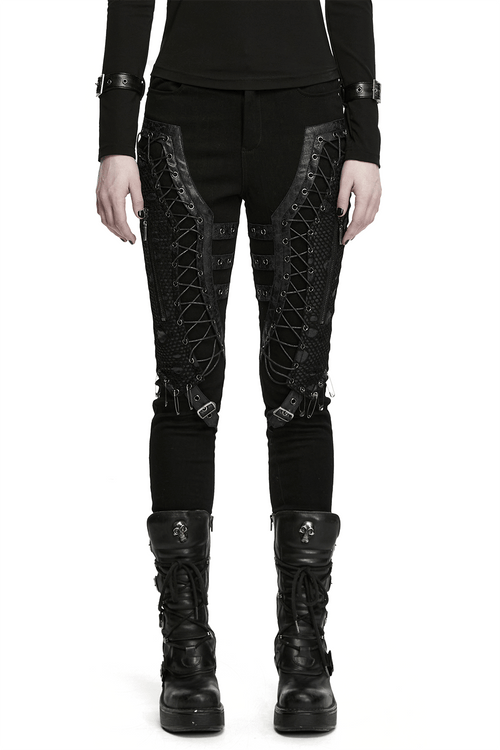 Bold Gothic Lace-Up Skinny Jeans with Buckle Details