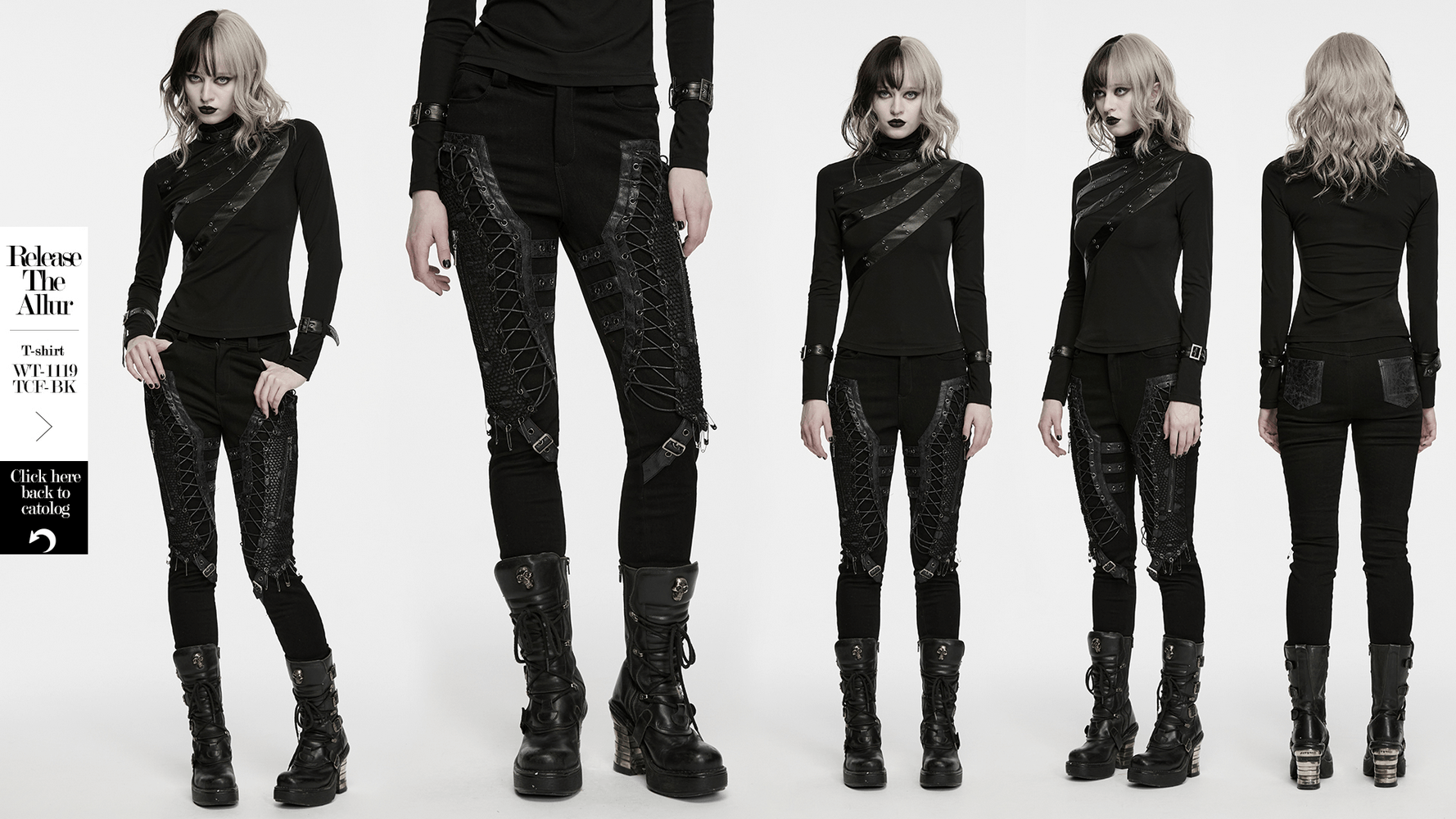 Bold Gothic Lace-Up Skinny Jeans with Buckle Details showcased in a stylish black ensemble with edgy footwear.