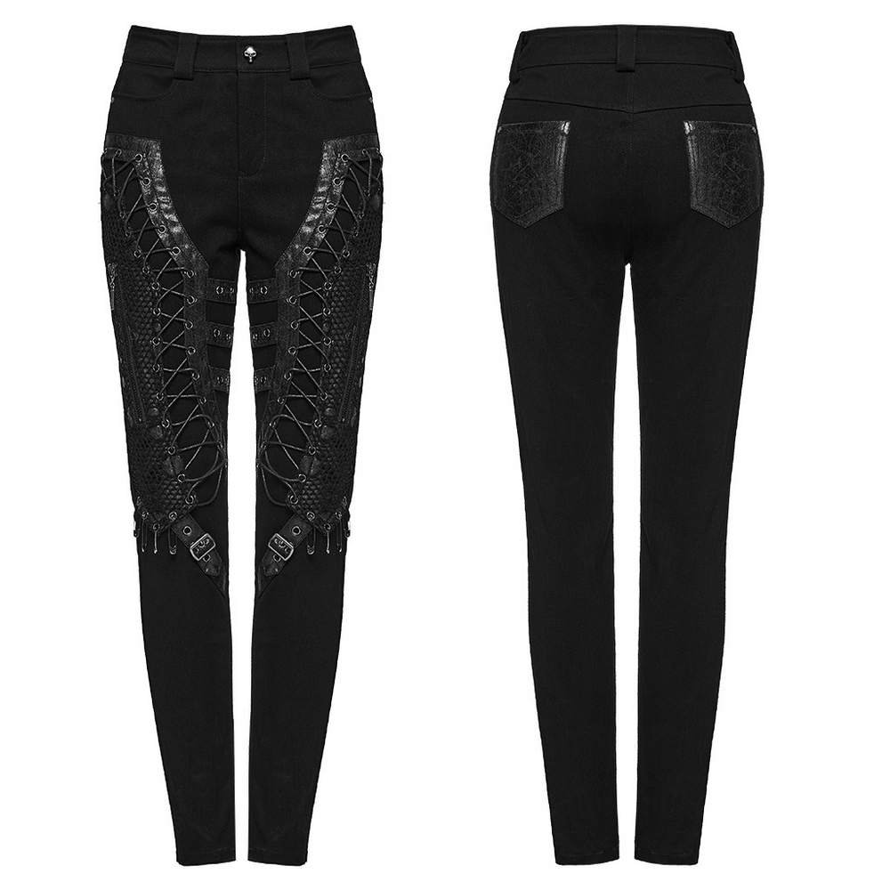 Bold Gothic Lace-Up Skinny Jeans with Buckle Details shown from front and back, featuring stylish lace-up and buckle designs.