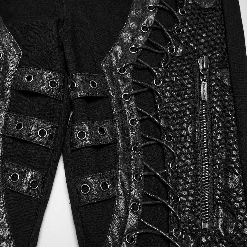 Close-up detail of Bold Gothic Lace-Up Skinny Jeans with Buckle Details showcasing the unique lace-up and buckle design.