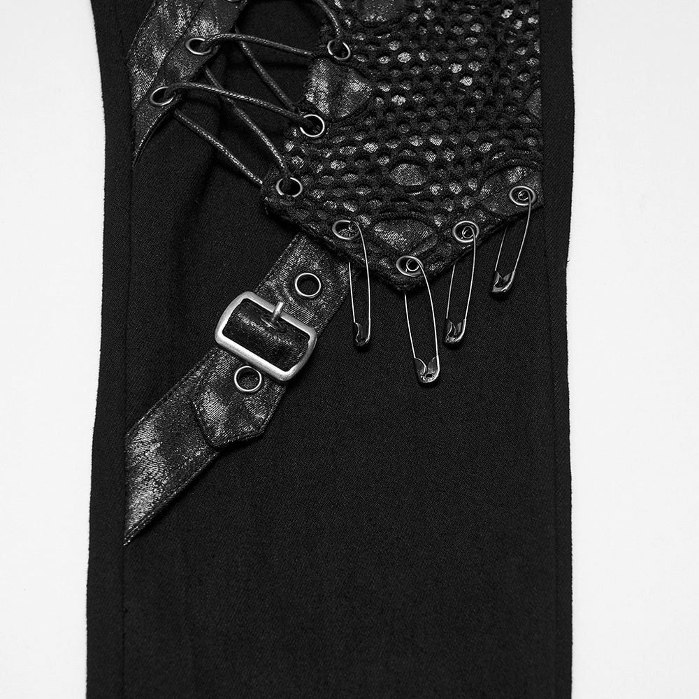 Close-up of Bold Gothic Lace-Up Skinny Jeans with Buckle Details showcasing lace design and shiny buckle.