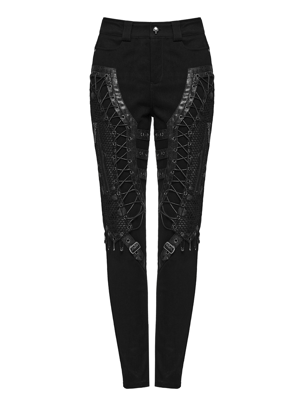 Bold Gothic Lace-Up Skinny Jeans with Buckle Details, showcasing stylish lacing and unique buckle features.