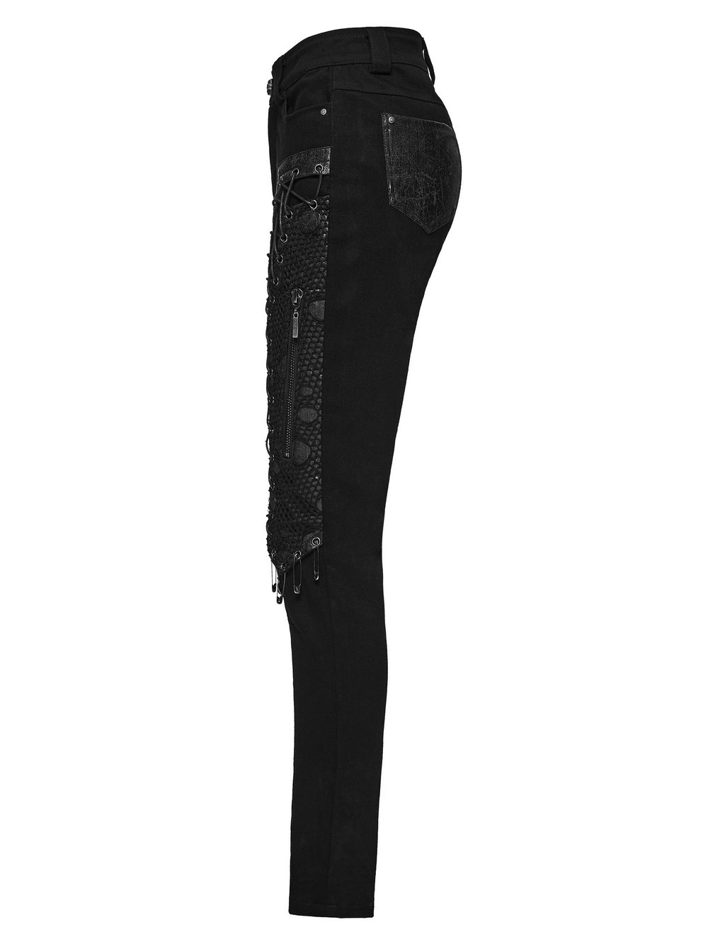 Bold Gothic Lace-Up Skinny Jeans with Buckle Details feature intricate lace-up side and stylish buckle accents.