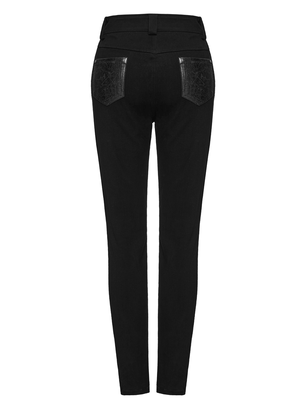 Back view of Bold Gothic Lace-Up Skinny Jeans with Buckle Details showcasing unique pocket design.