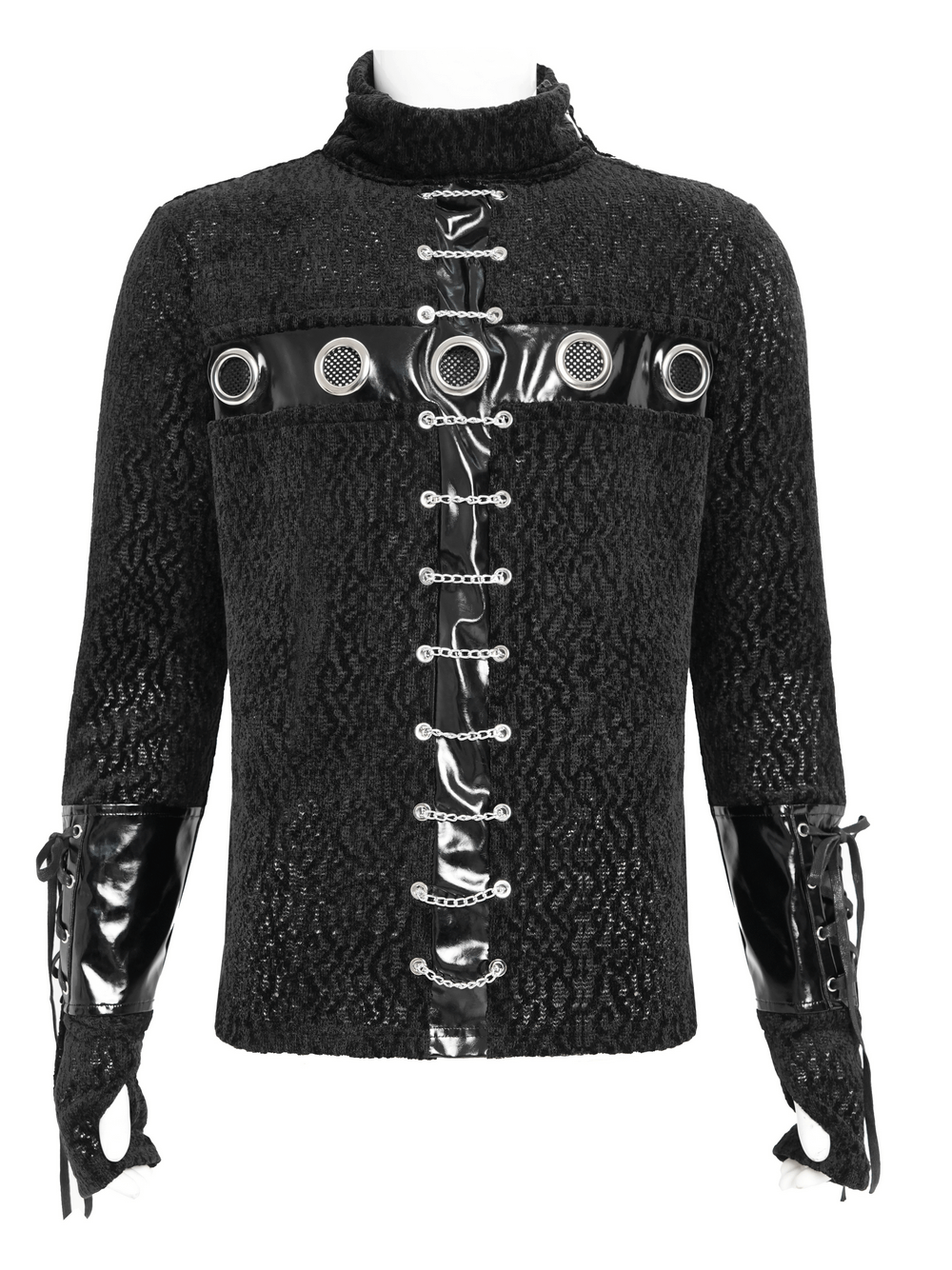 Bold Knit Turtleneck with Faux Leather Straps and Chains showcased in black with eyelet and chain detailing.