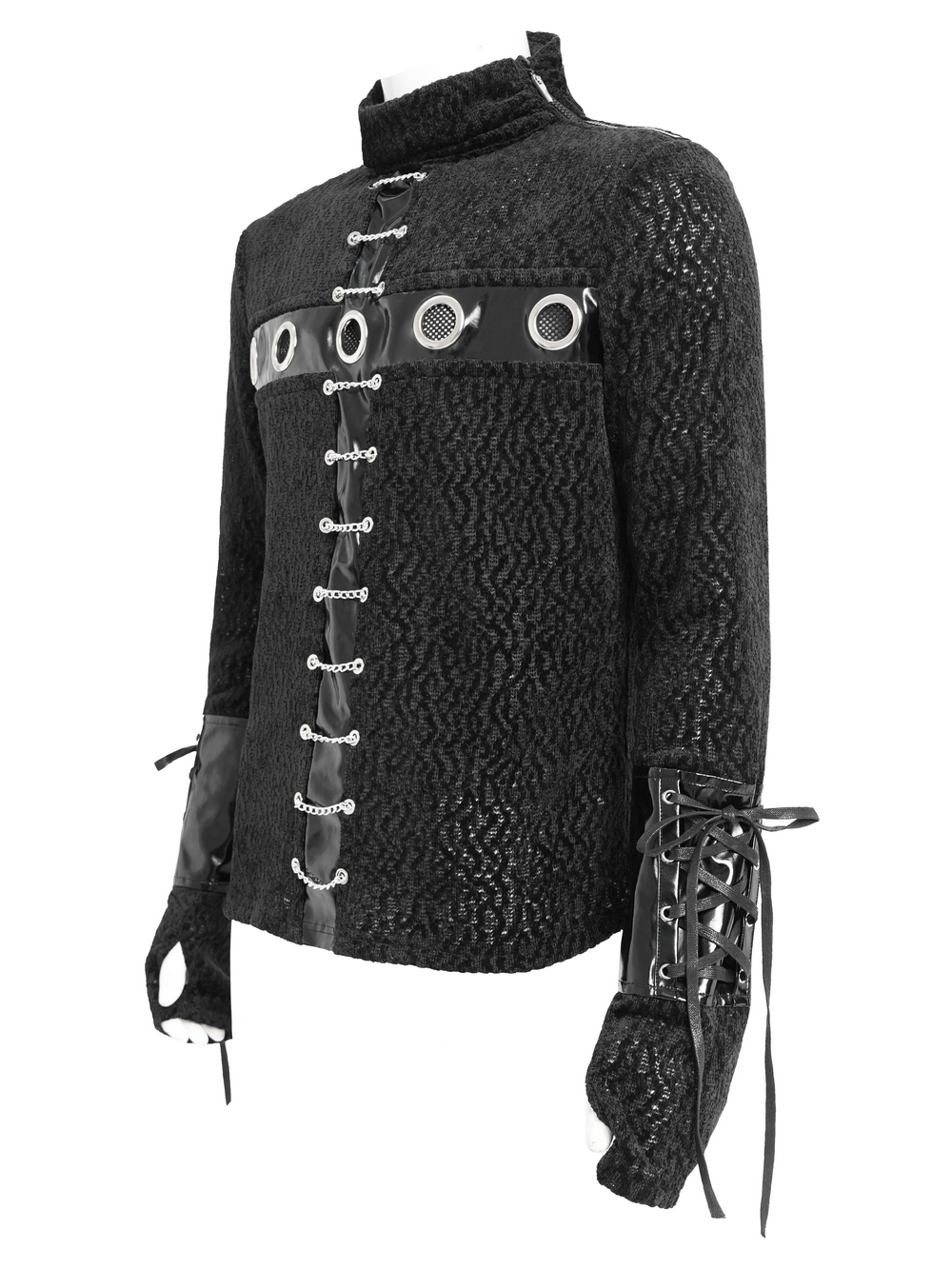 Bold Knit Turtleneck with Faux Leather Straps and Chains featuring eyelet and chain design for a gothic punk look.