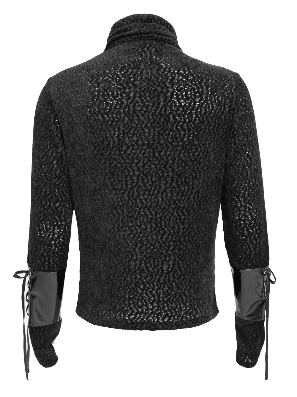 Bold Knit Turtleneck with Faux Leather Straps and Chains back view showcasing lace-up cuffs and textured fabric.
