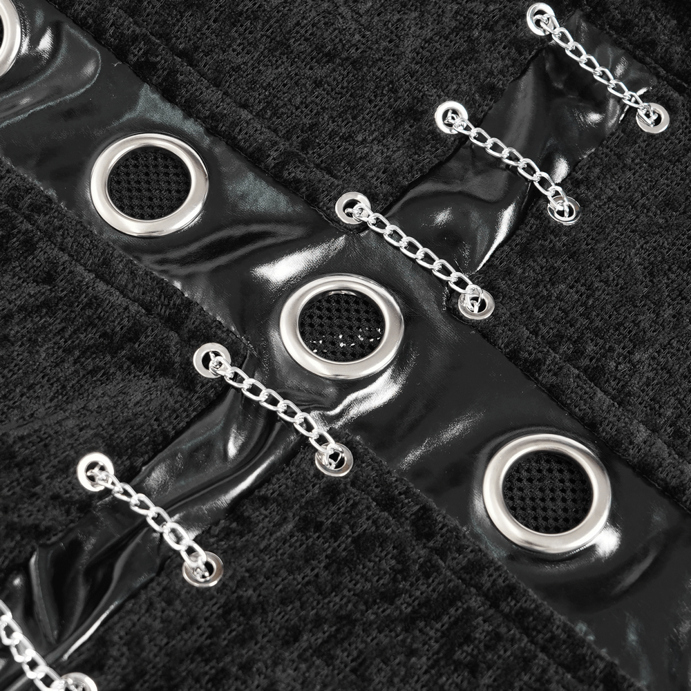 Bold Knit Turtleneck with Faux Leather Straps and Chains detail showcasing eyelet and chain design.