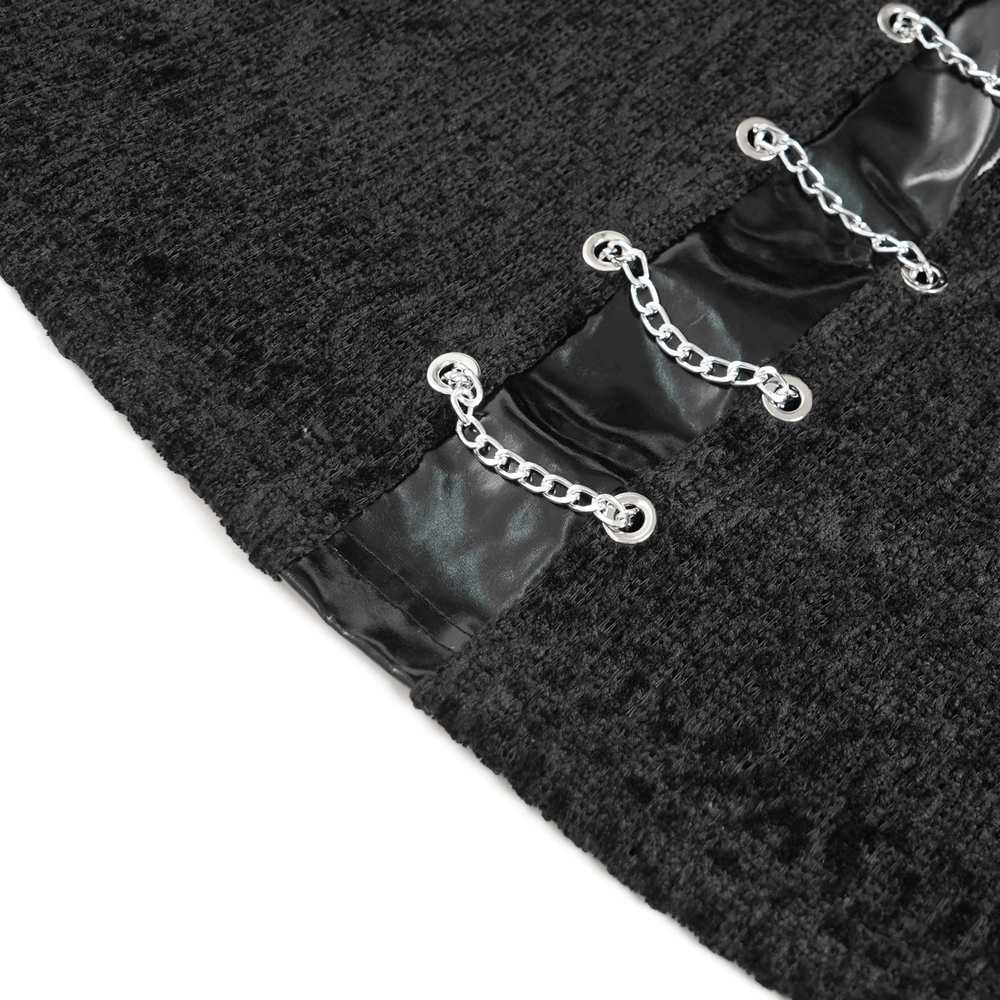 Bold Knit Turtleneck with Faux Leather Straps and Chains featuring chain design and glossy accents.