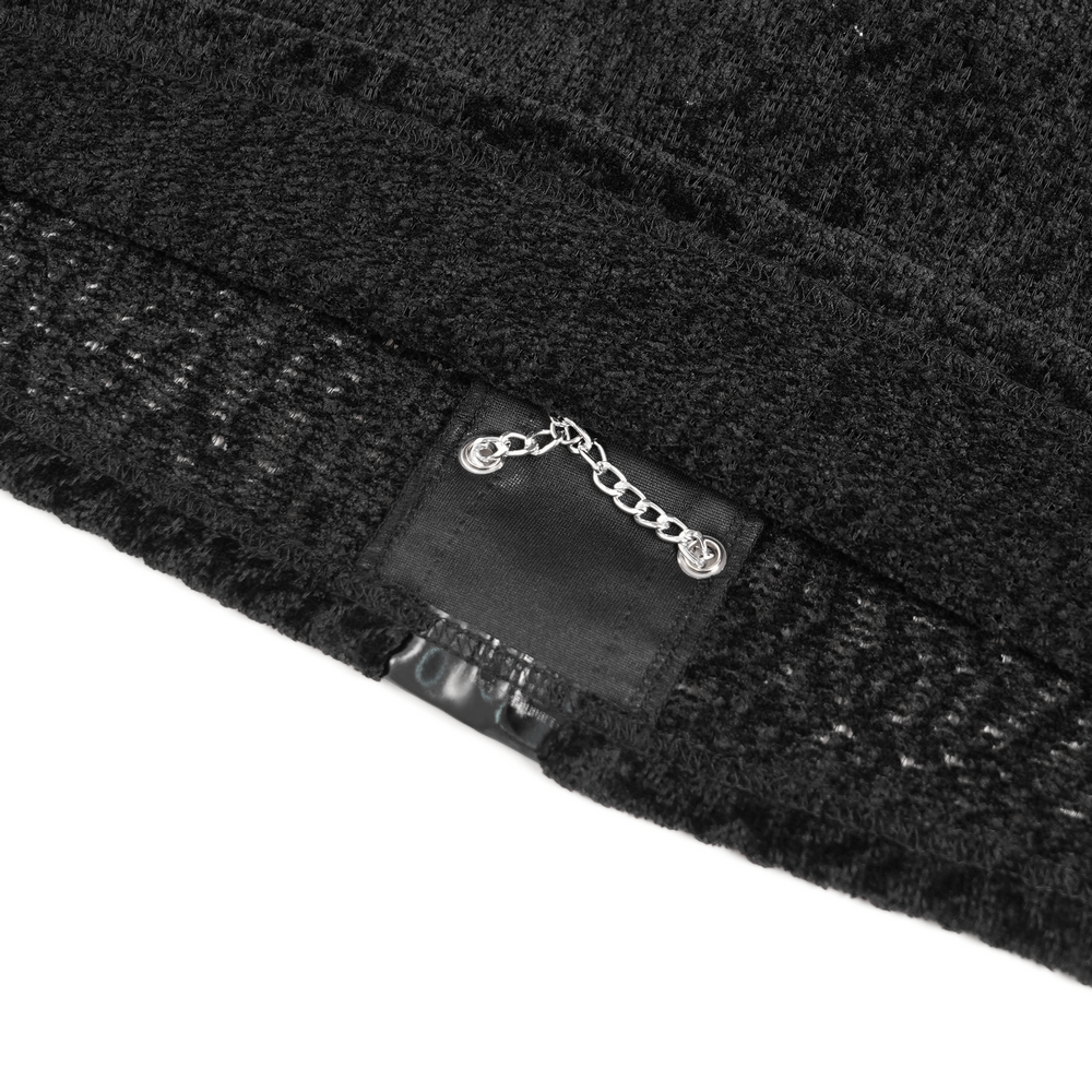 Bold Knit Turtleneck with Faux Leather Straps and Chains showcasing elegant hook and chain detailing.