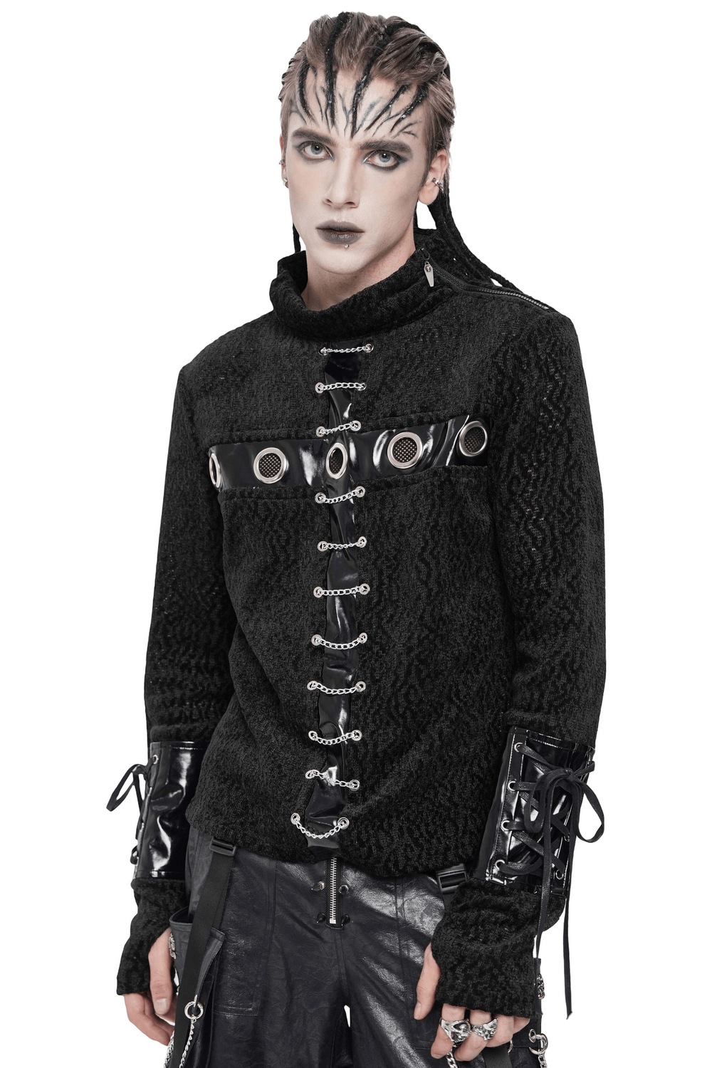 Bold Knit Turtleneck with Faux Leather Straps and Chains worn by model showcasing punk style.