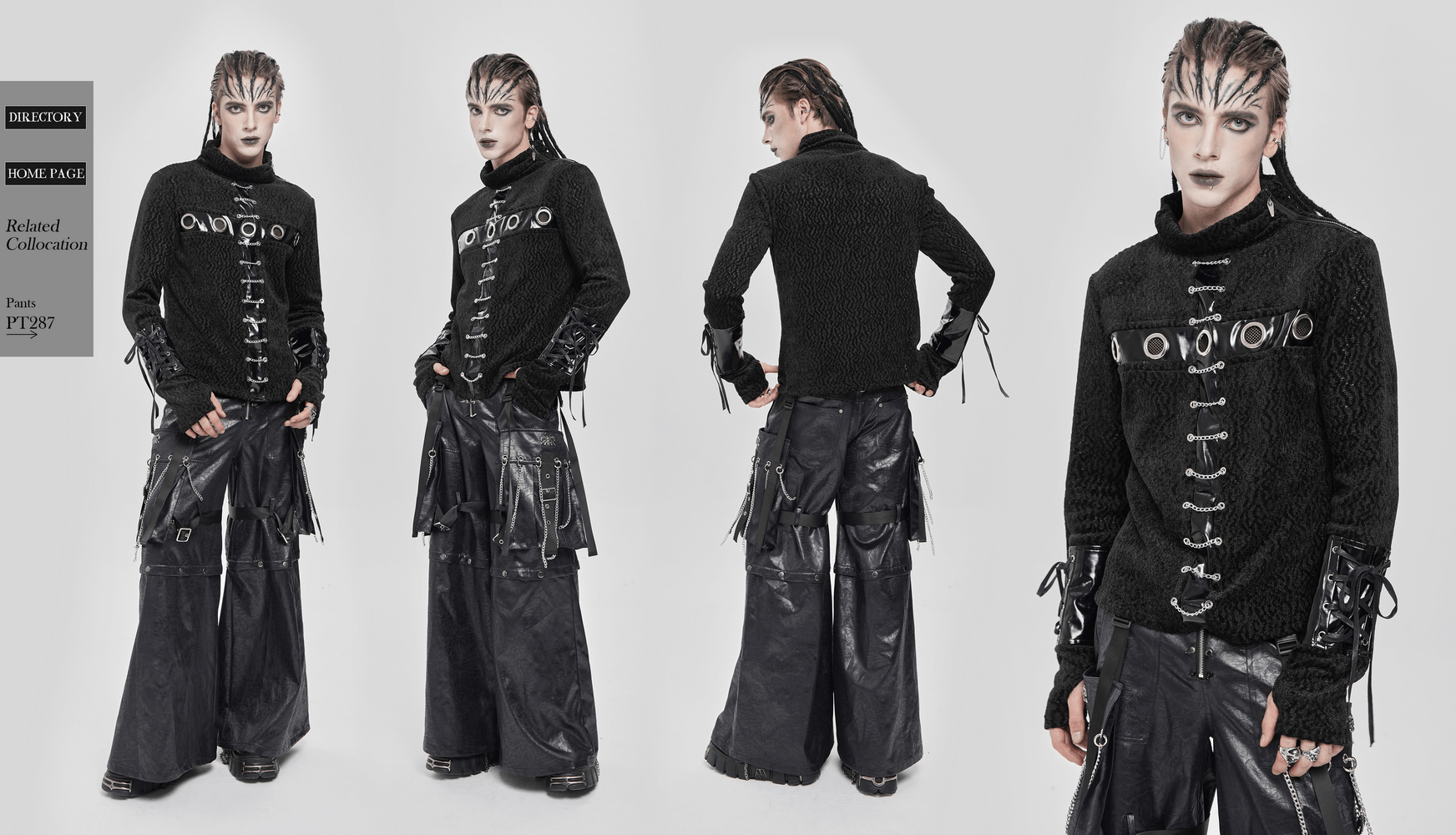 Bold Knit Turtleneck with Faux Leather Straps and Chains worn with edgy black pants and punk-inspired accessories.