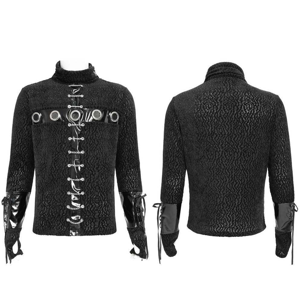 Bold Knit Turtleneck with Faux Leather Straps and Chains, featuring eyelet and chain design for a punk aesthetic.