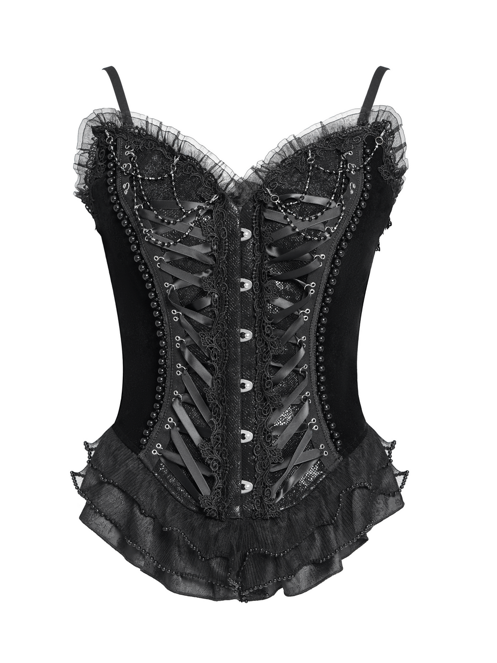 Bold black lace corset with ruffle trim and satin straps for a dramatic gothic look.