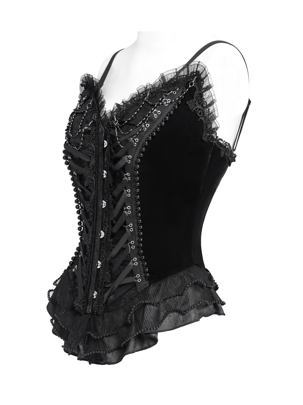 Bold goth lace-up corset in black satin featuring ruffled hem, lace trim, and adjustable satin straps.