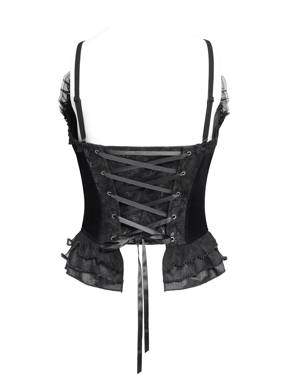 Back view of a bold lace-up corset with ruffle trim and satin straps, showcasing gothic elegance.
