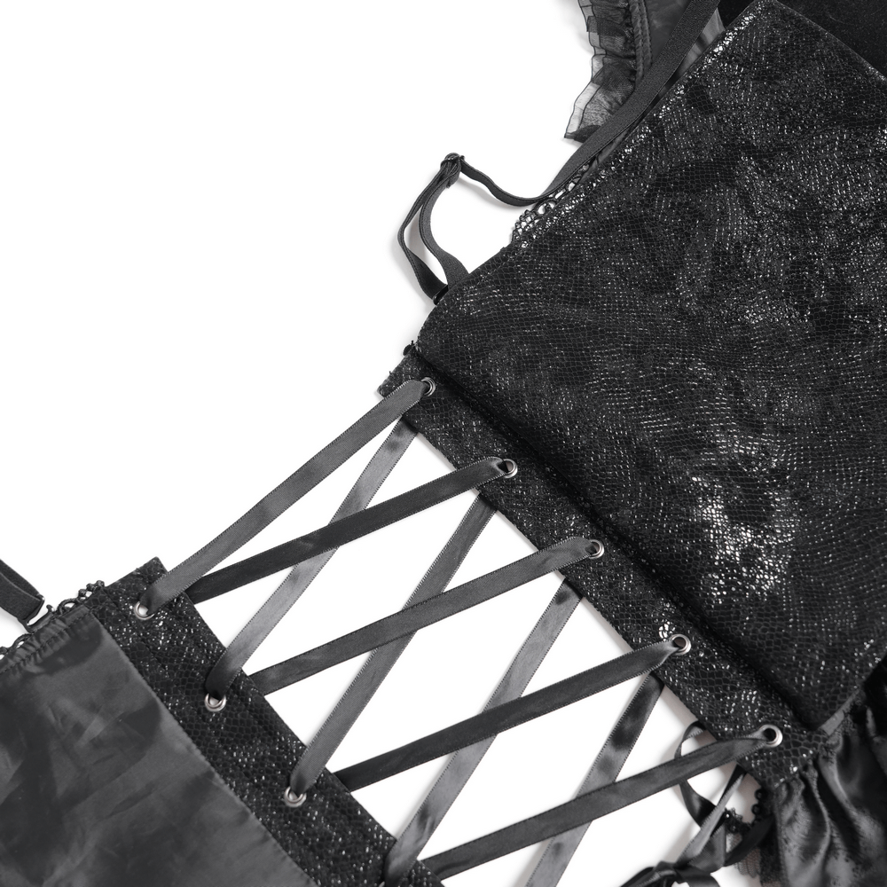 Close-up of a gothic lace-up corset showcasing black satin, ruffle trim, and adjustable satin straps.