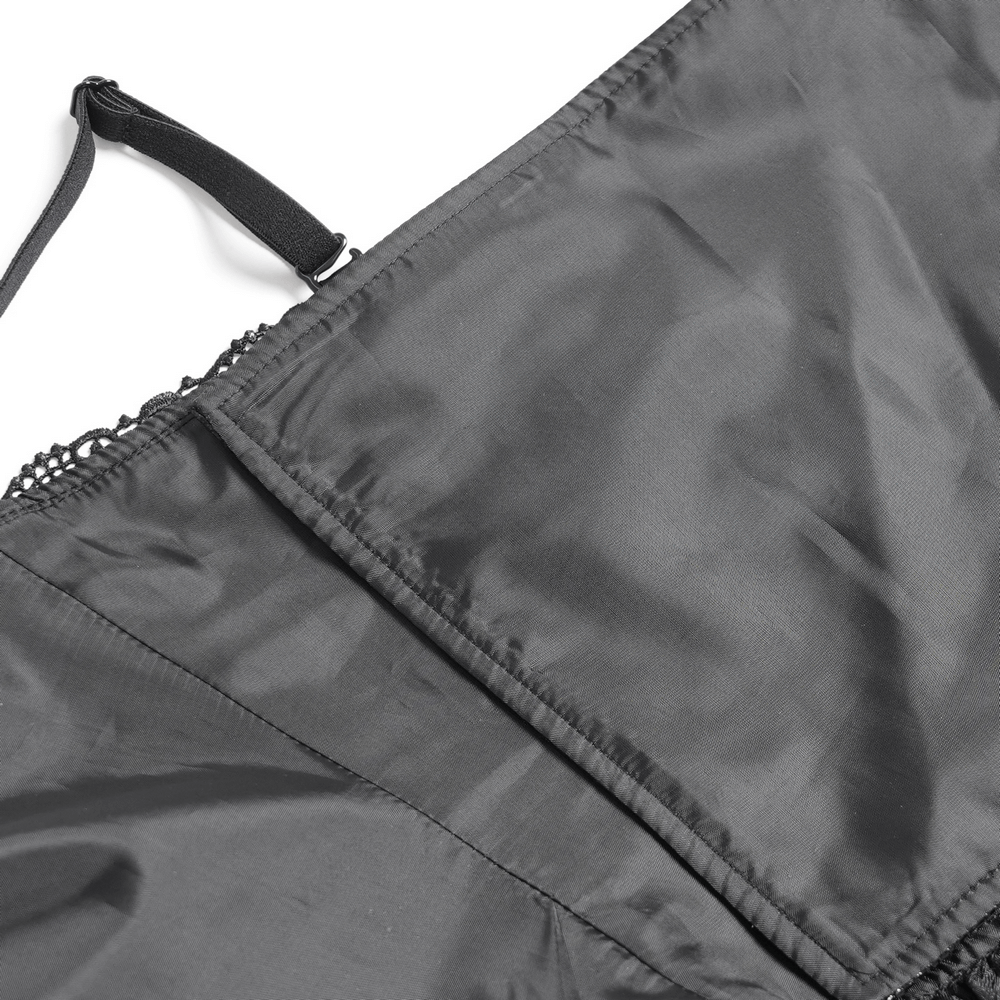 Close-up of black satin corset with lace trim and adjustable straps, showcasing elegant gothic design details.