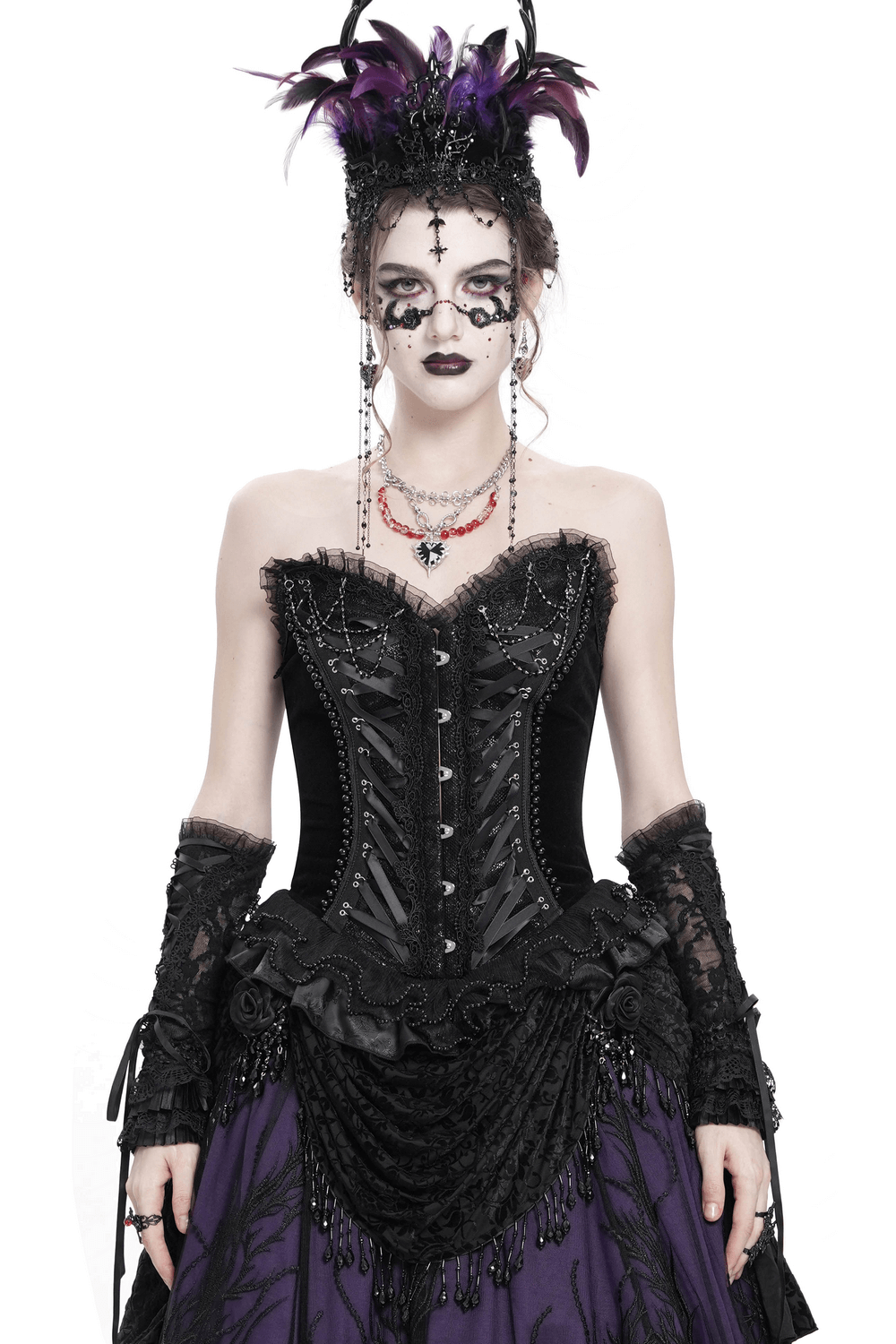 Goth lace-up corset with ruffle trim, satin straps, and dramatic accessories, perfect for gothic and vintage styles.