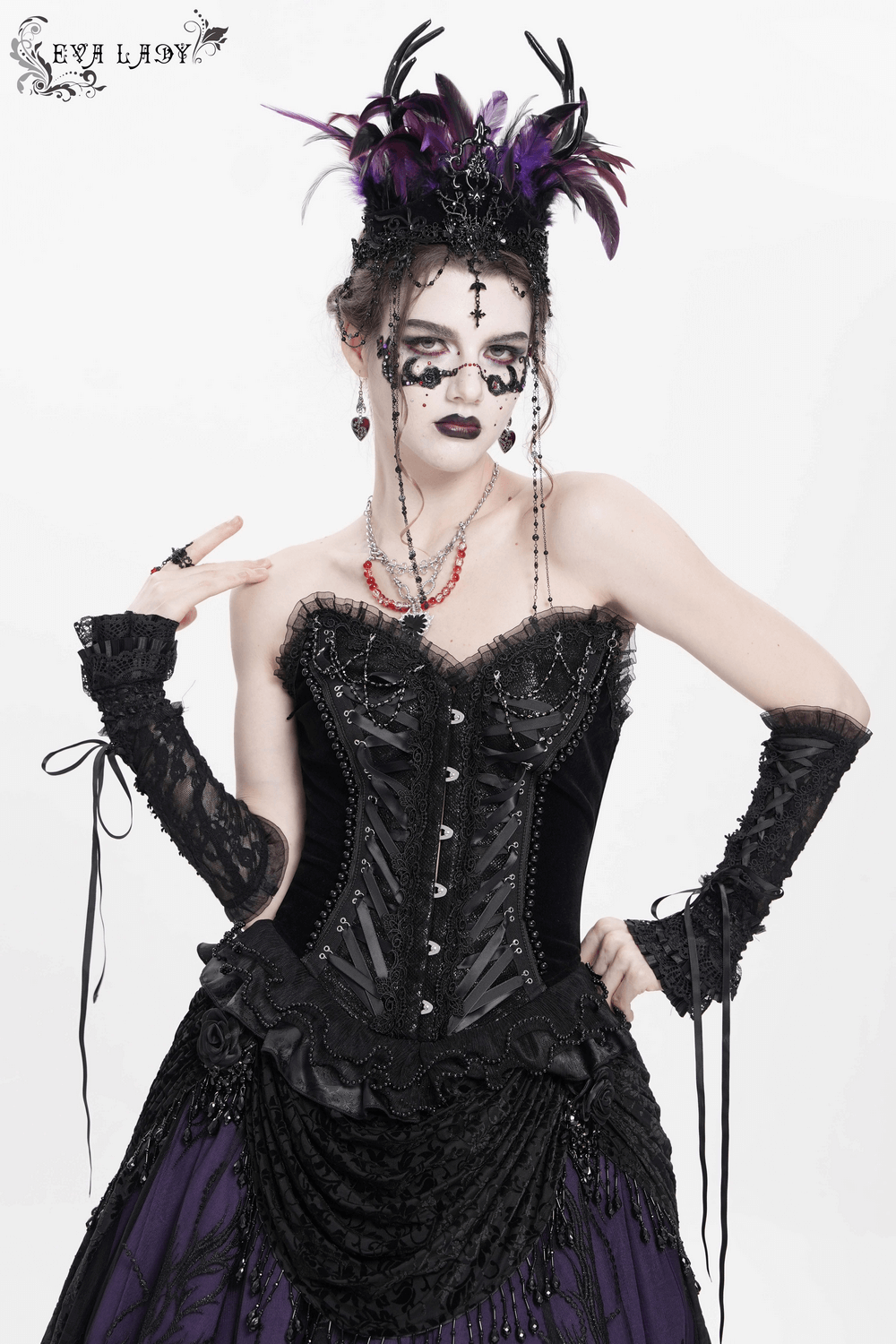 Goth lace-up corset with ruffled trim, satin straps, and elegant black and purple details, perfect for dramatic fashion.