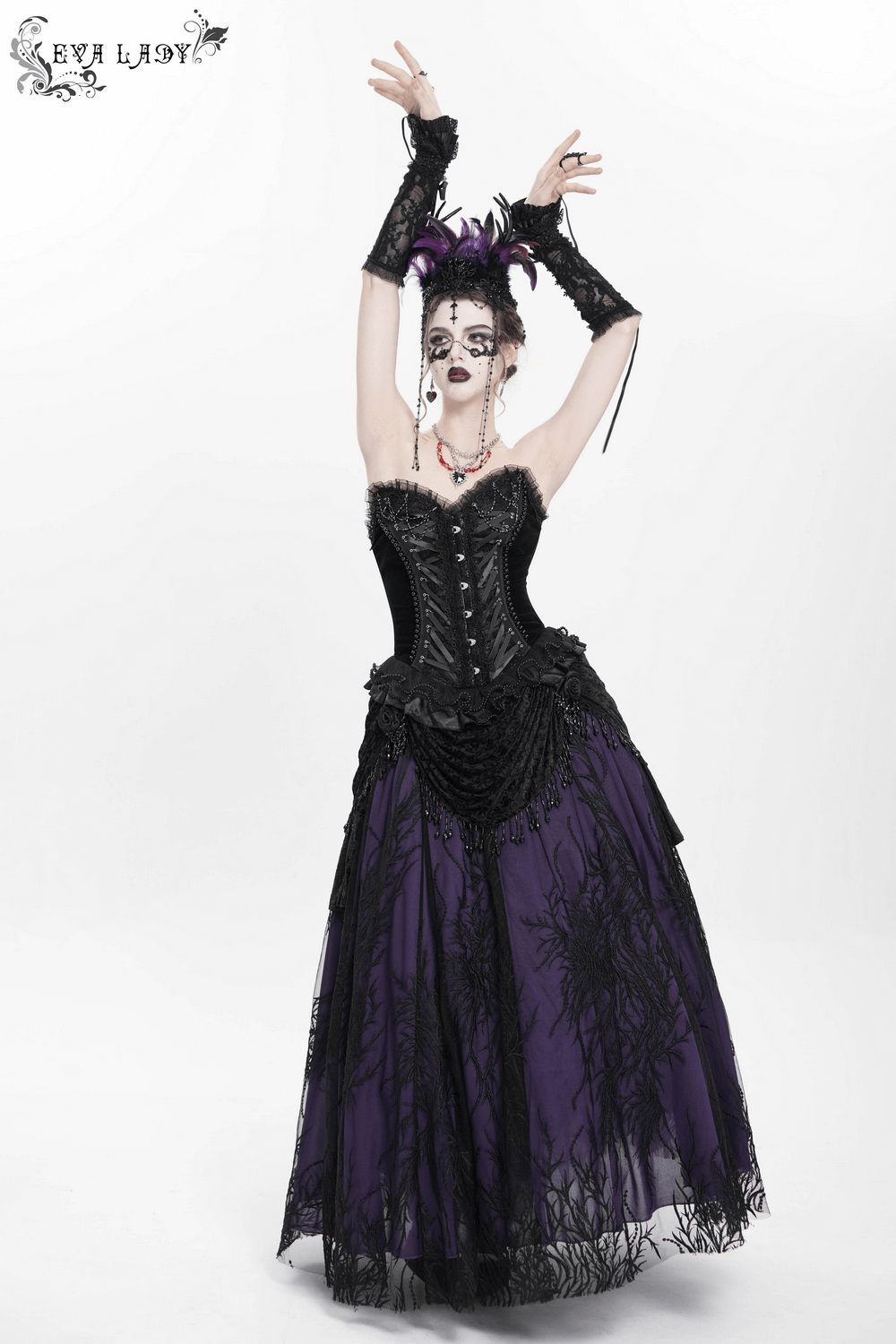 Gothic model wearing a bold lace-up corset with ruffle trim and satin straps, striking a dramatic pose in a purple dress.