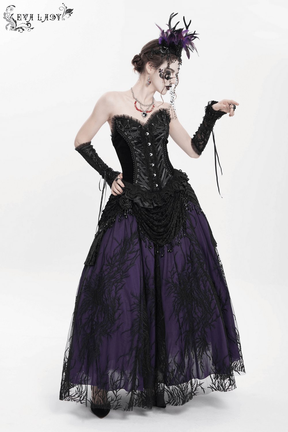 Gothic lace-up corset dress with ruffled hem, black and purple lace, adjustable satin straps, dramatic vintage style.