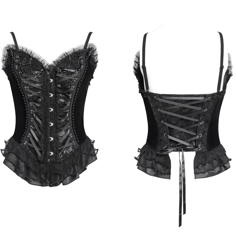 Bold lace-up corset with ruffle trim, satin straps, and gothic lace detailing for a dramatic vintage look.