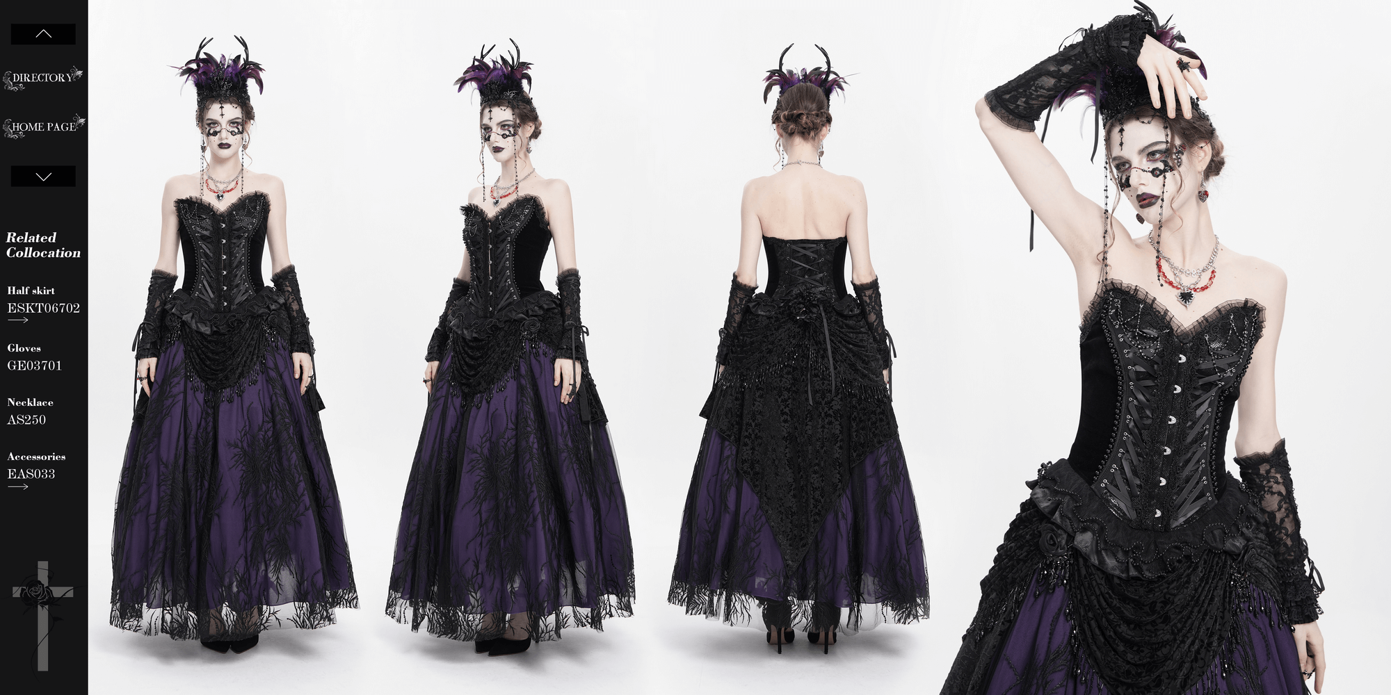 Gothic corset dress with lace detailing, ruffled trim, and a dramatic purple skirt for vintage-inspired elegance.