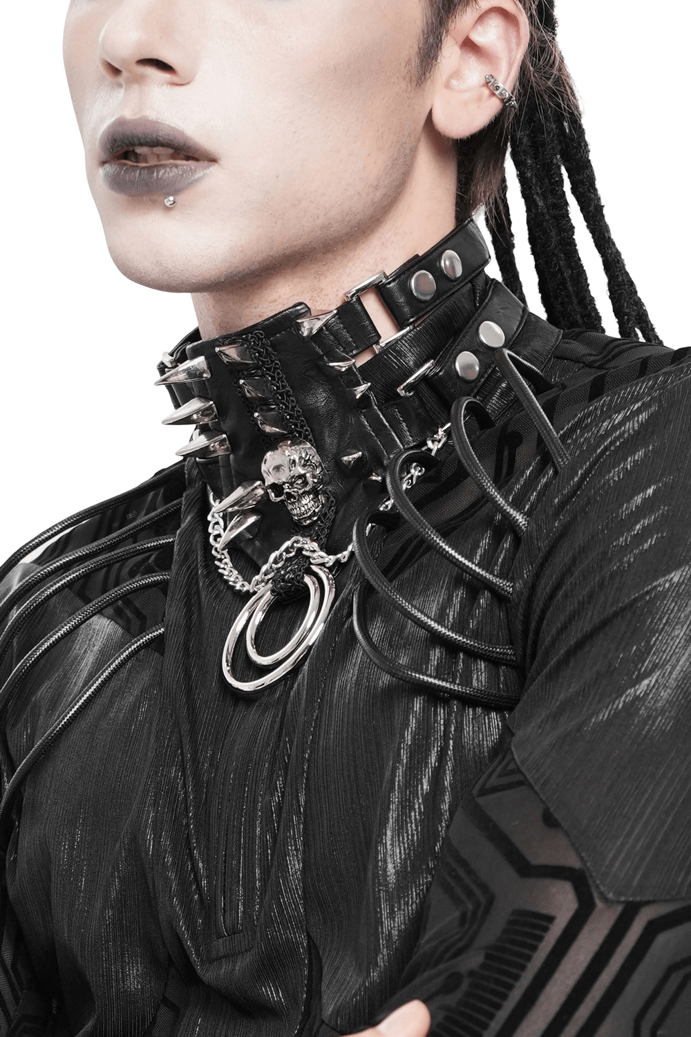 Bold Leather Choker with Spikes Accent and Metal Rings worn by model showcasing punk style.