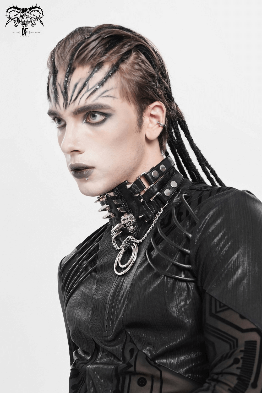 Bold Leather Choker with Spikes Accent and Metal Rings styled on a model with a dramatic look.