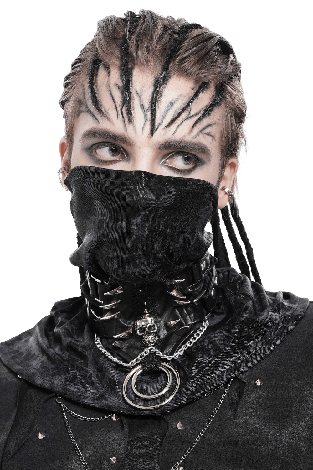 Bold Leather Choker with Spikes Accent and Metal Rings worn by a model with dramatic makeup and edgy style.