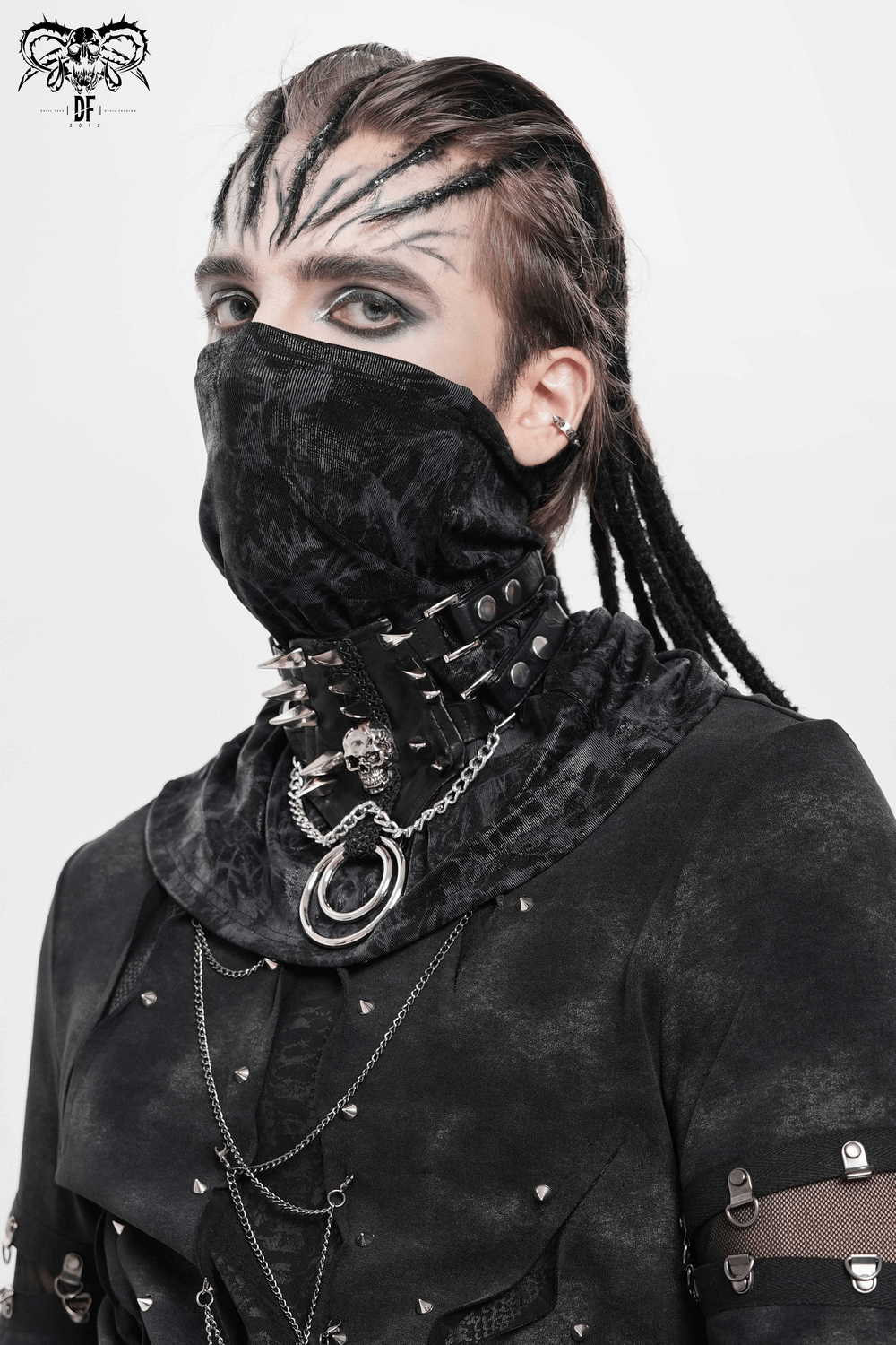 Bold Leather Choker with Spikes Accent and Metal Rings worn by a model in gothic fashion.