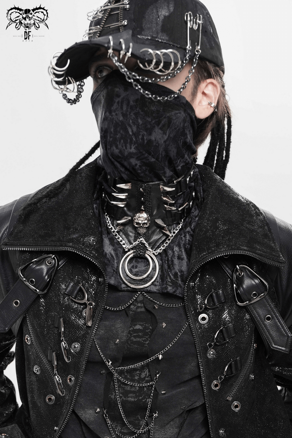 Bold Leather Choker with Spikes Accent and Metal Rings worn with an edgy punk outfit and accessories.