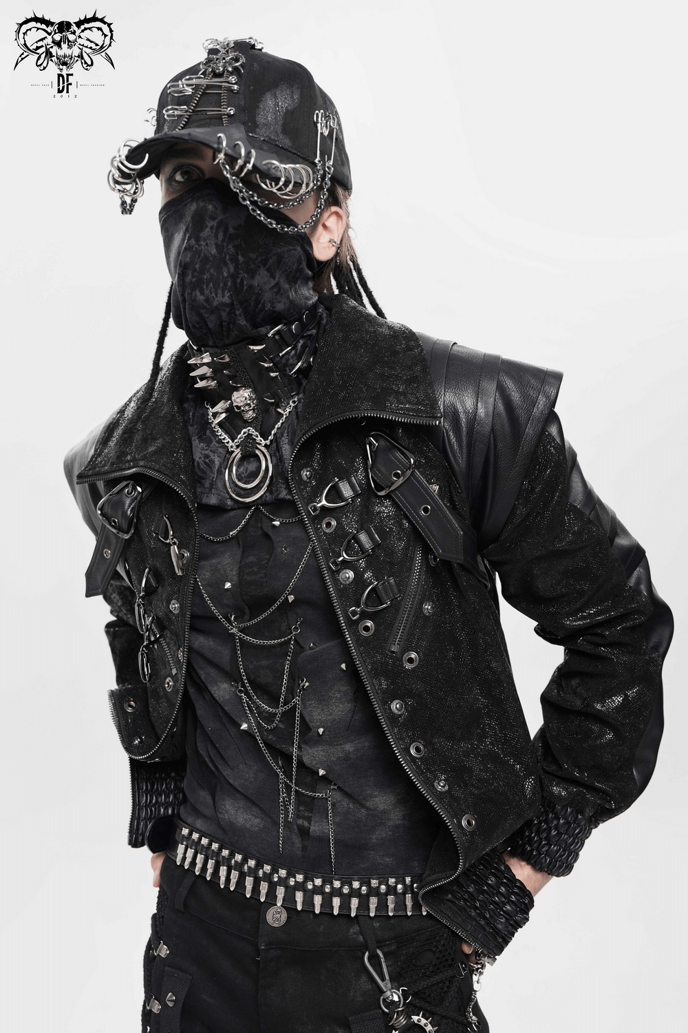 Bold Leather Choker with Spikes Accent and Metal Rings on a model demonstrating edgy punk fashion.