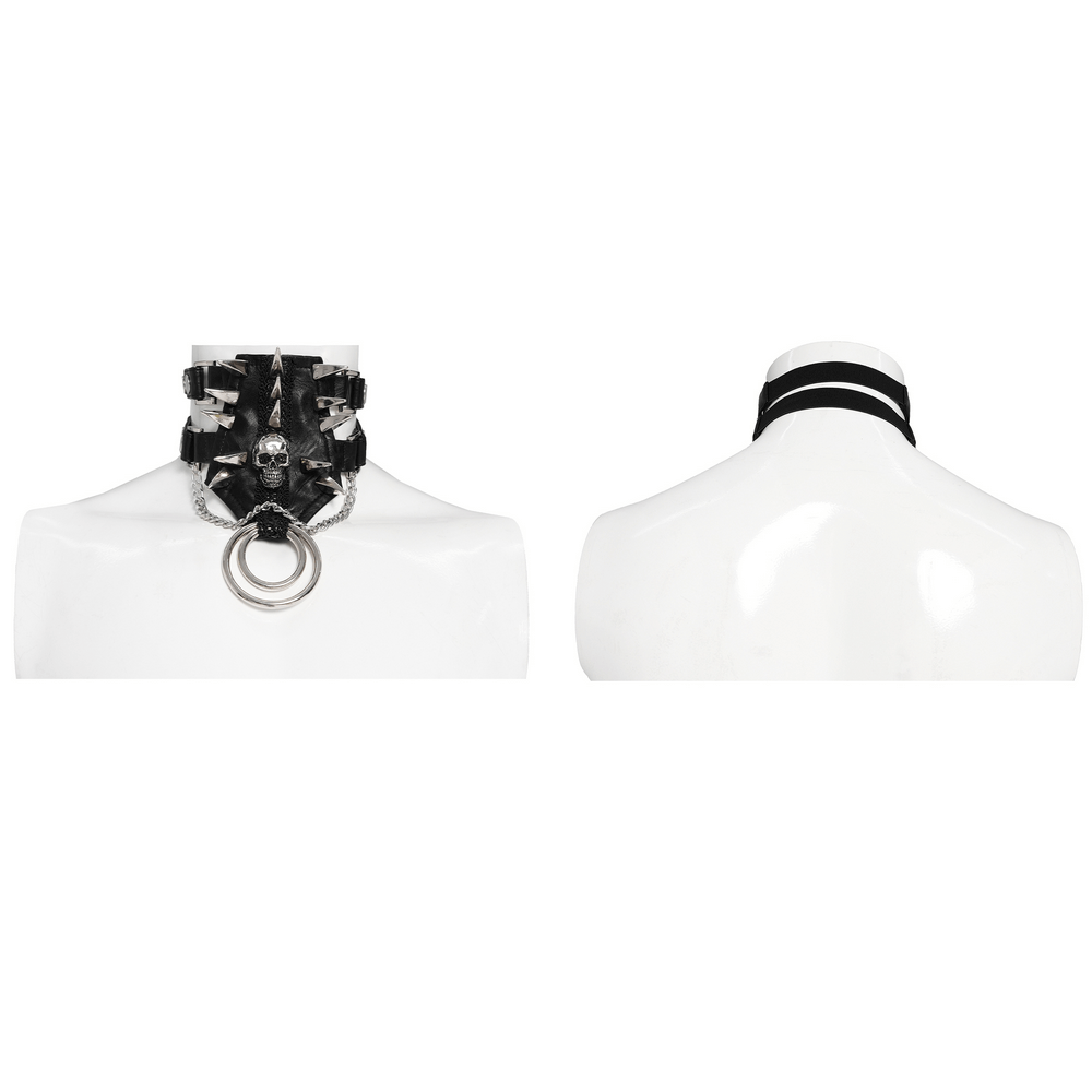 Bold Leather Choker with Spikes Accent and Metal Rings on mannequin showcasing a dramatic goth design.