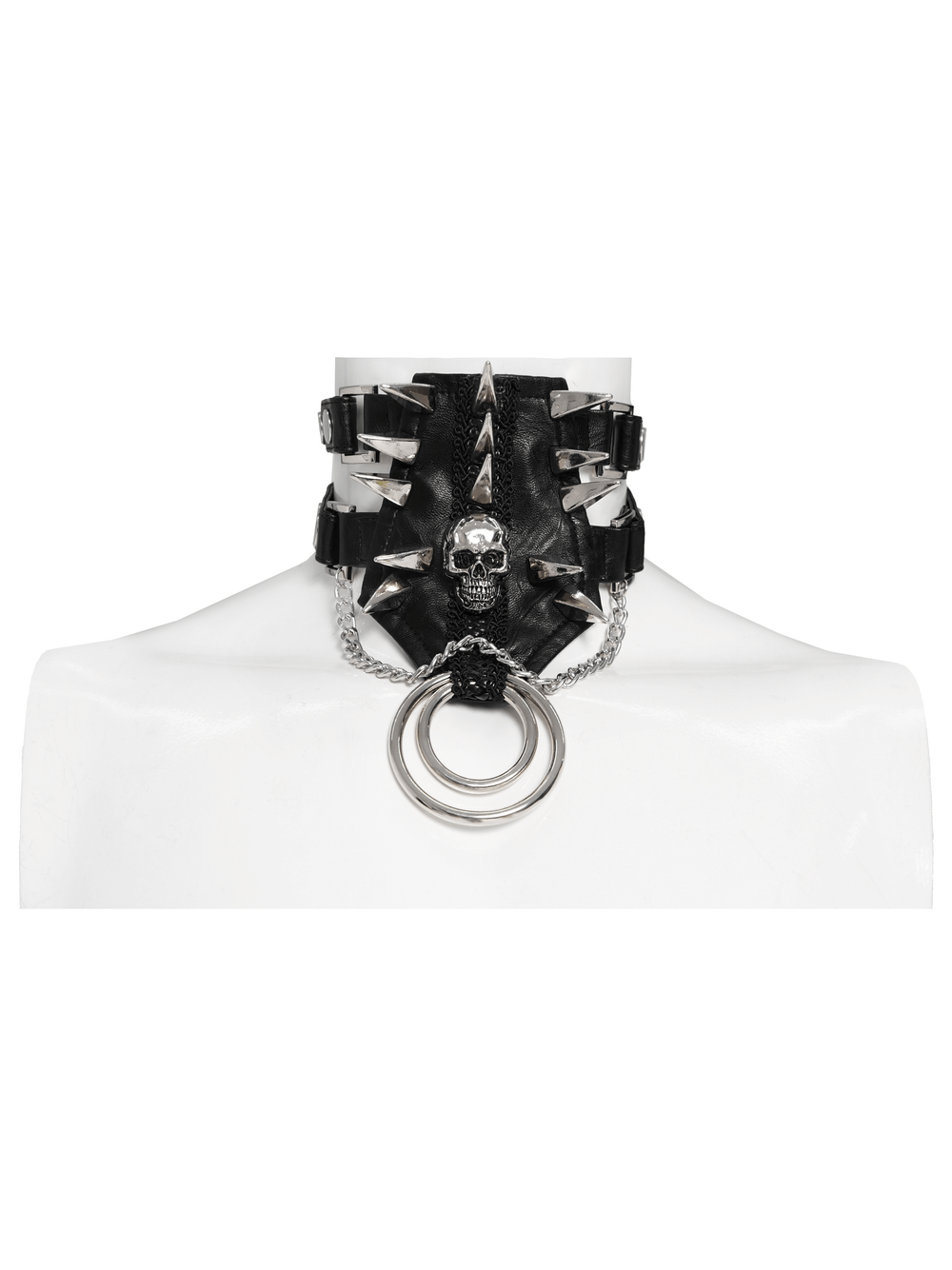 Bold Leather Choker with Spikes Accent and Metal Rings showcased on a mannequin with chains and skull details.