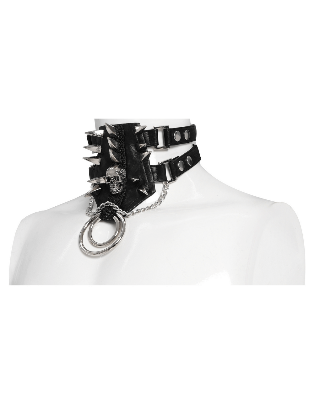 Bold Leather Choker with Spikes Accent and Metal Rings featuring skull charm and adjustable fit.