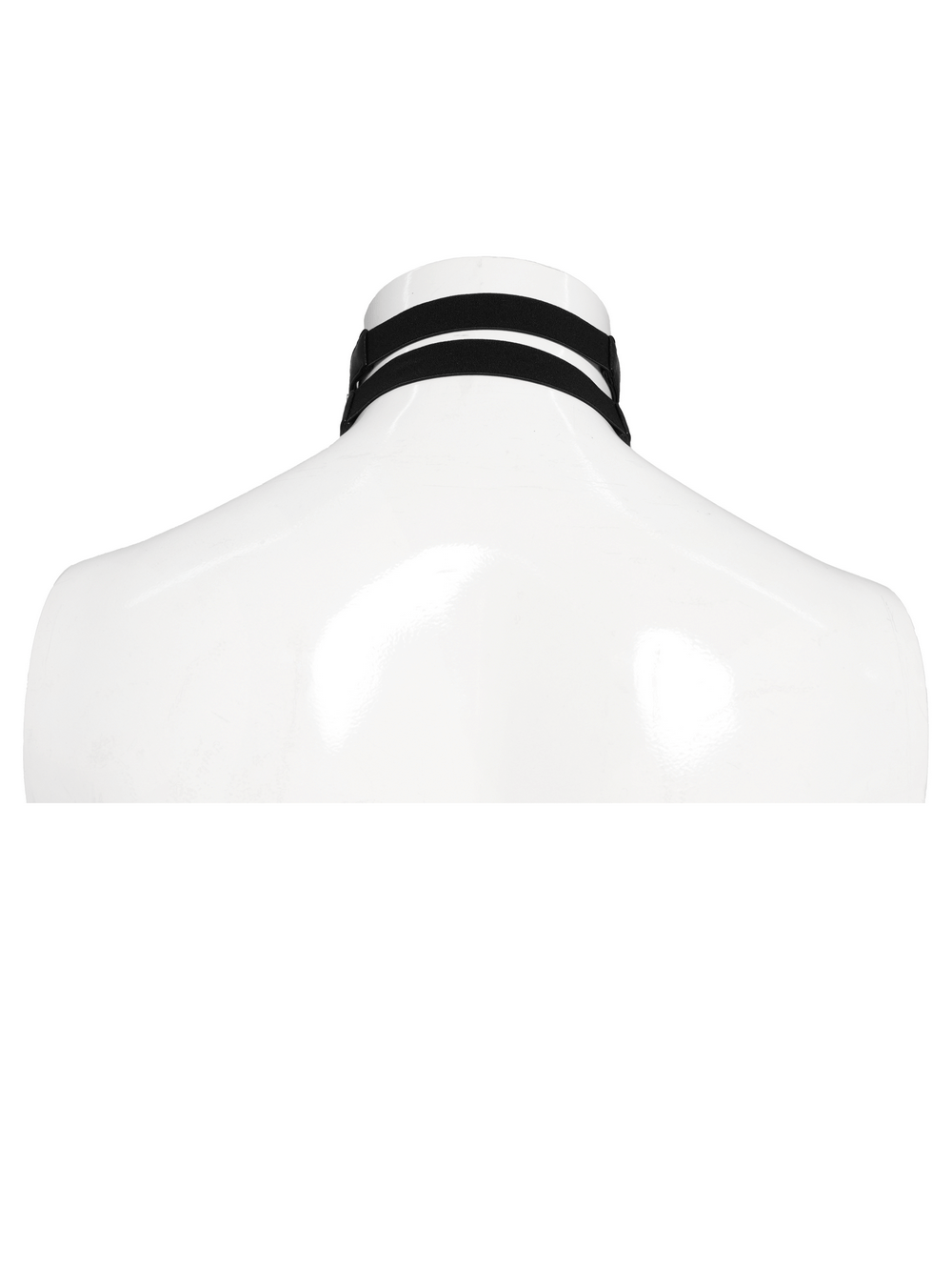 Bold Leather Choker with Spikes Accent and Metal Rings displayed on a mannequin's neck from the back side.