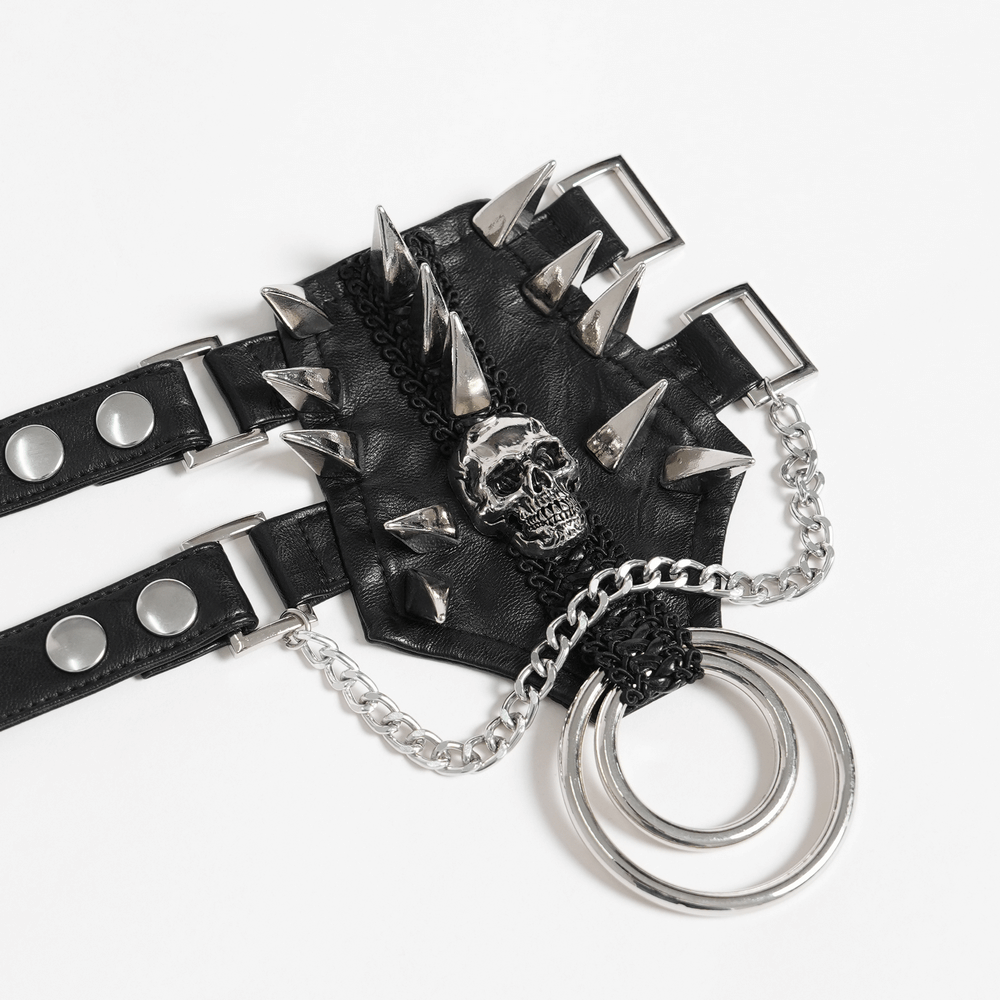 Bold Leather Choker with Spikes Accent and Metal Rings featuring a skull design and silver chains.