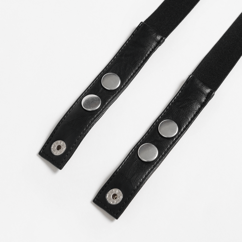Bold Leather Choker with Spikes Accent and Metal Rings - close-up of black leather straps with silver snap buttons.