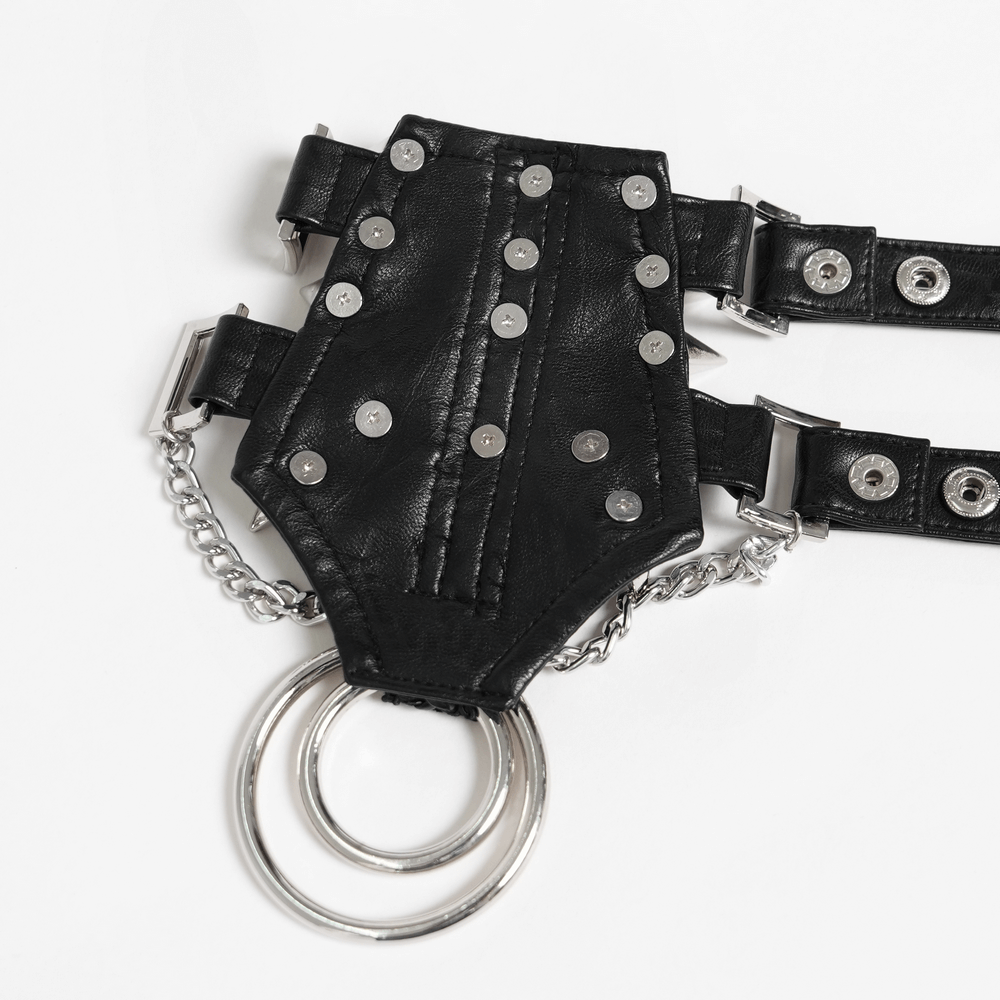 Bold Leather Choker with Spikes Accent and Metal Rings featuring metal studs and chains for a fierce punk look.