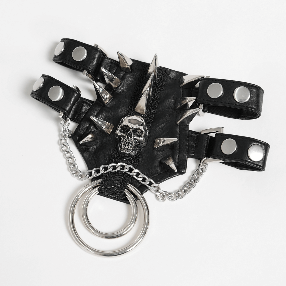 Bold Leather Choker with Spikes Accent and Metal Rings showcasing spikes, skull charm, and chains for punk fashion.