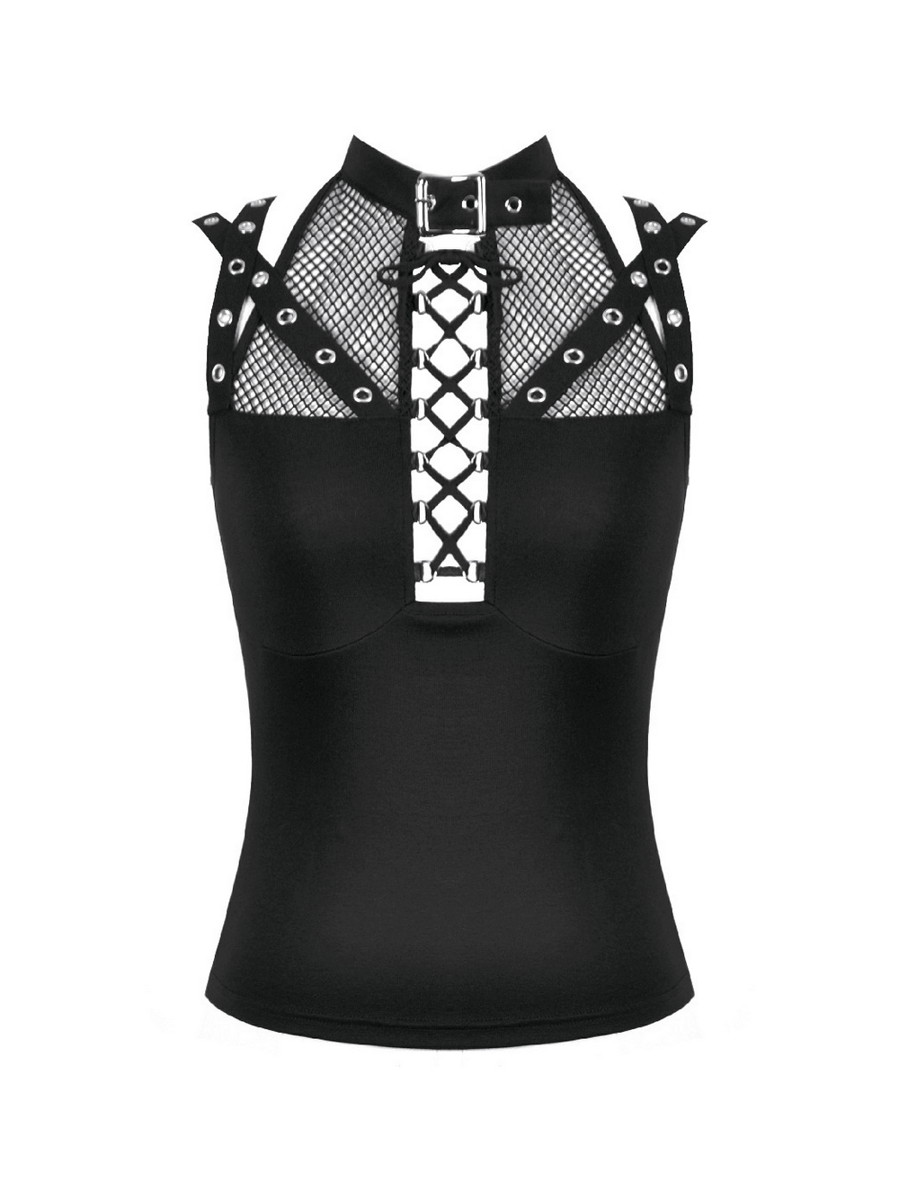 Bold Mesh and Strappy Halter Neck Top with Buckle Detail featuring criss-cross straps and edgy mesh design.