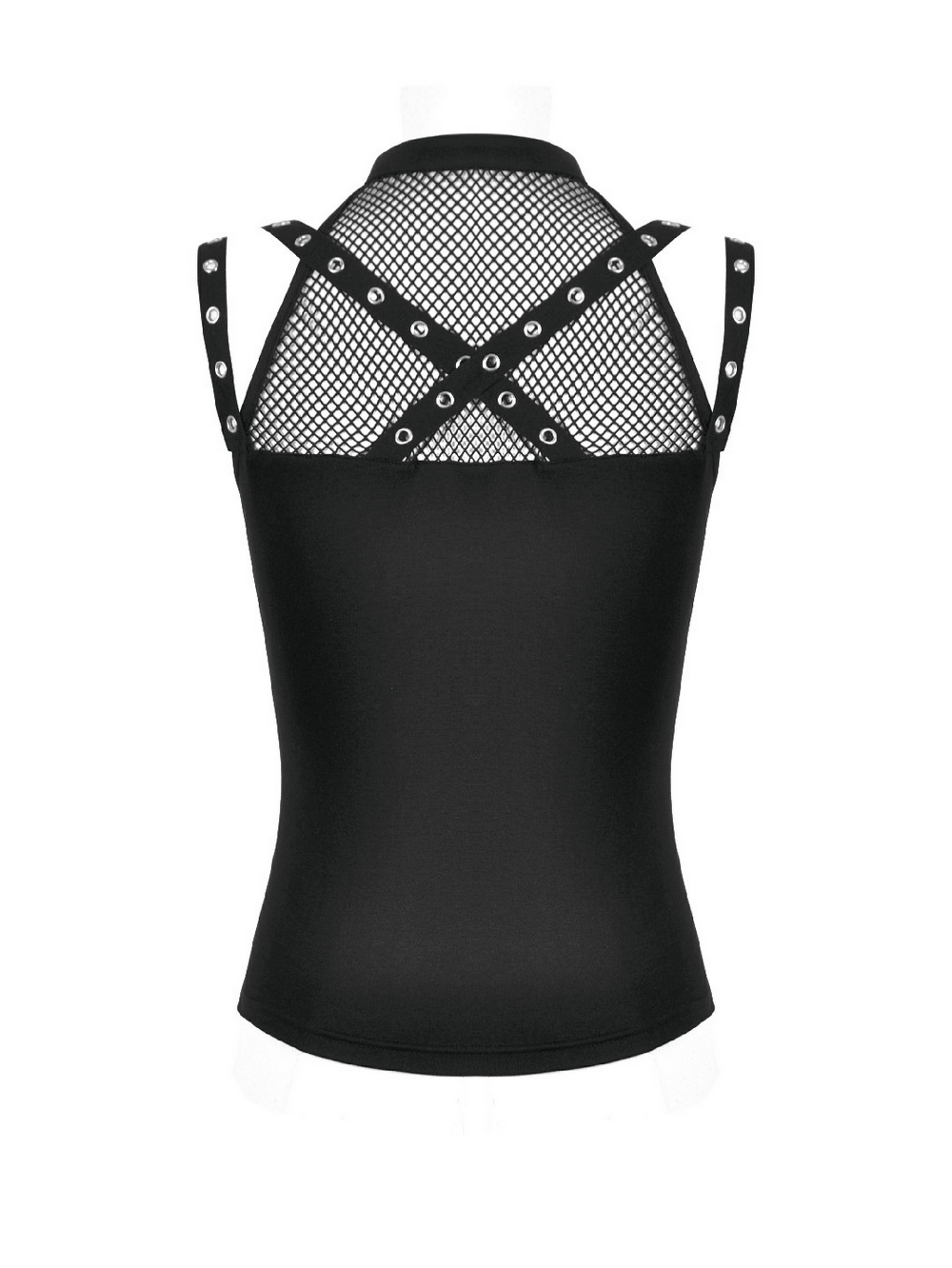 Bold Mesh and Strappy Halter Neck Top with Buckle Detail showing back design with criss-cross straps and mesh.