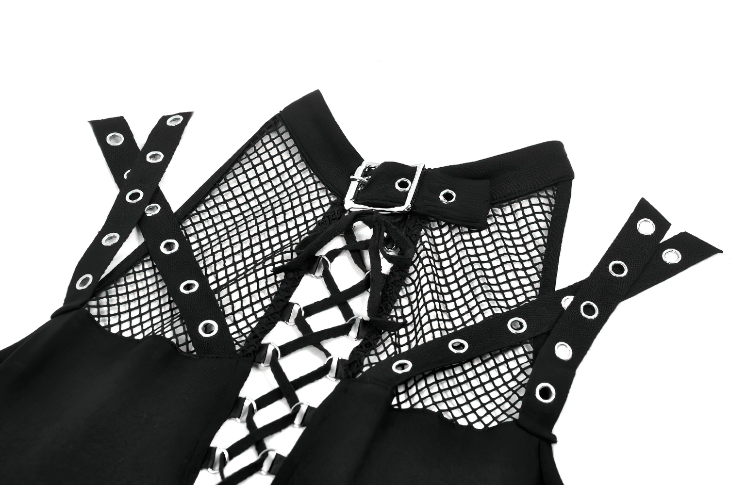 Bold Mesh and Strappy Halter Neck Top with Buckle Detail showcasing unique mesh and buckle design.