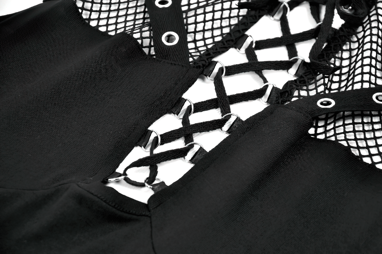 Bold Mesh and Strappy Halter Neck Top with Buckle Detail showcasing criss-cross straps and buckle closure design.