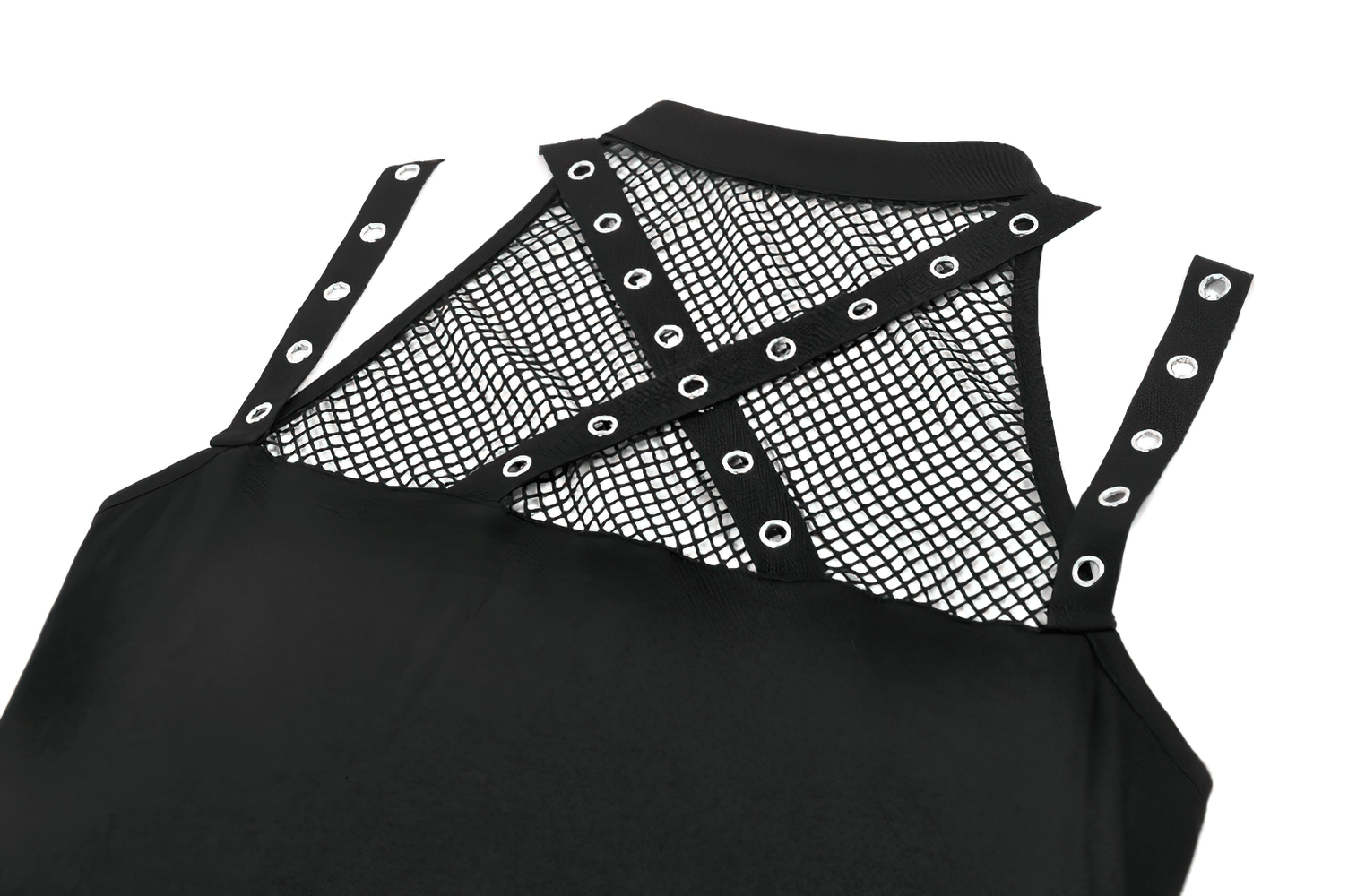 Bold Mesh and Strappy Halter Neck Top with Buckle Detail showcasing its criss-cross straps and edgy design.