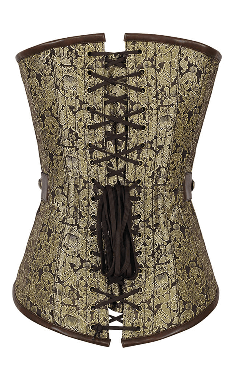 Alt Tag: Bold Overbust Corset with Buckle and Laced-Up Back, brown baroque steampunk floral corset with lace-up back for waist shaping